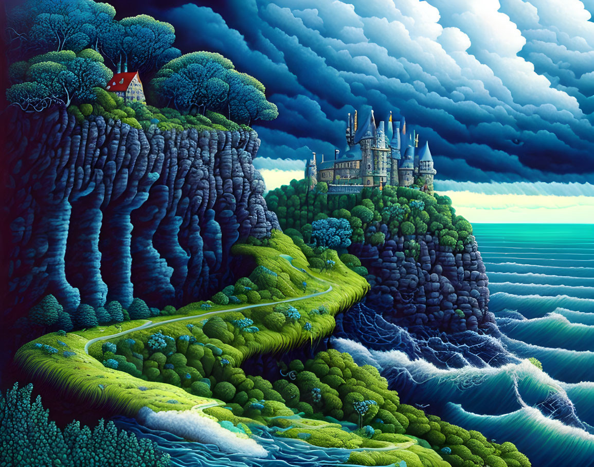 Detailed castle cliff illustration with clouds, winding road, forest, house, and sea.