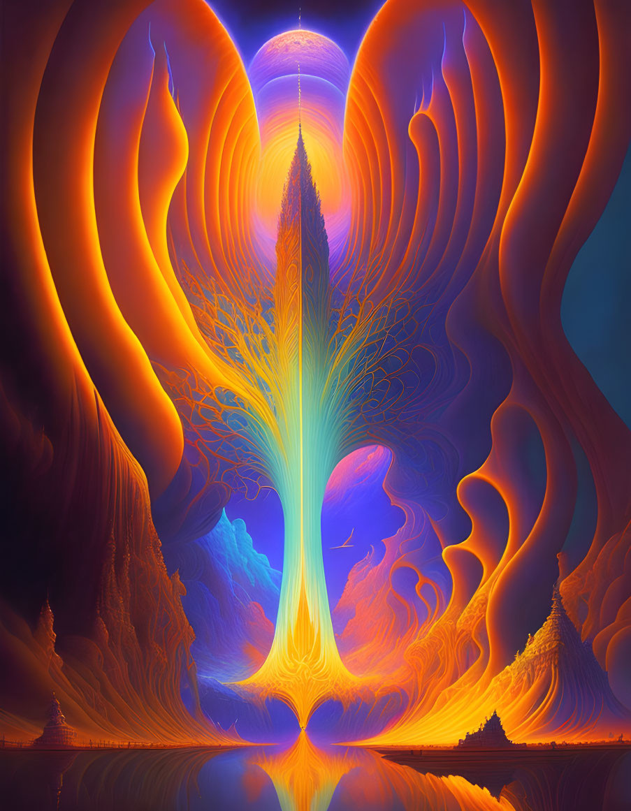 Colorful digital artwork: Fiery phoenix over reflective water