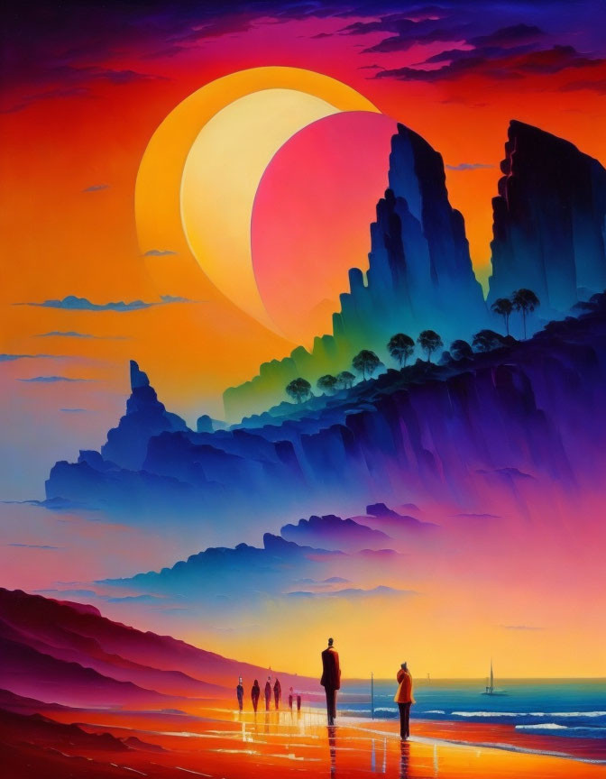 Colorful surreal landscape with silhouetted figures, towering cliffs, trees, and oversized crescent