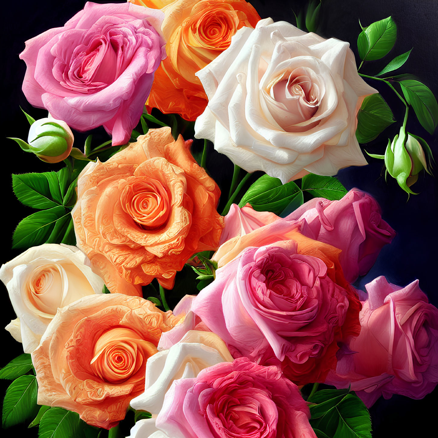 Colorful Rose Bouquet with Pink, Orange, and White Hues on Dark Background