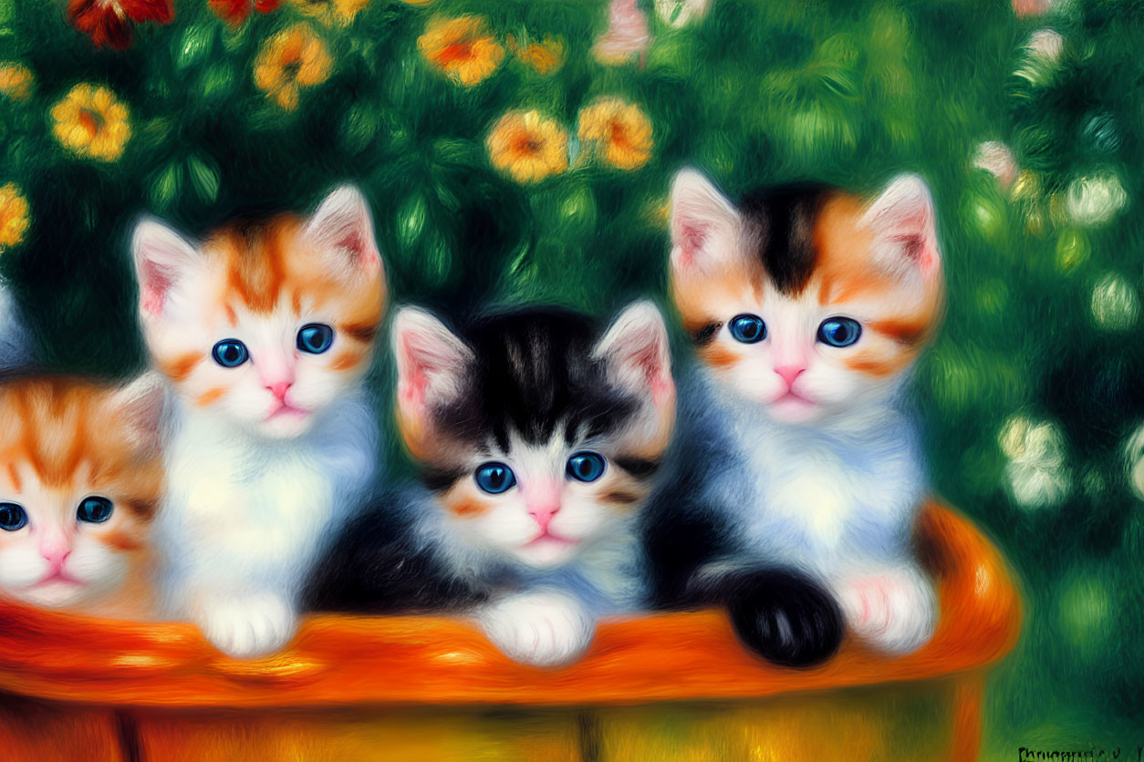 Four fluffy kittens in basket with blooming flowers in soft-focus style