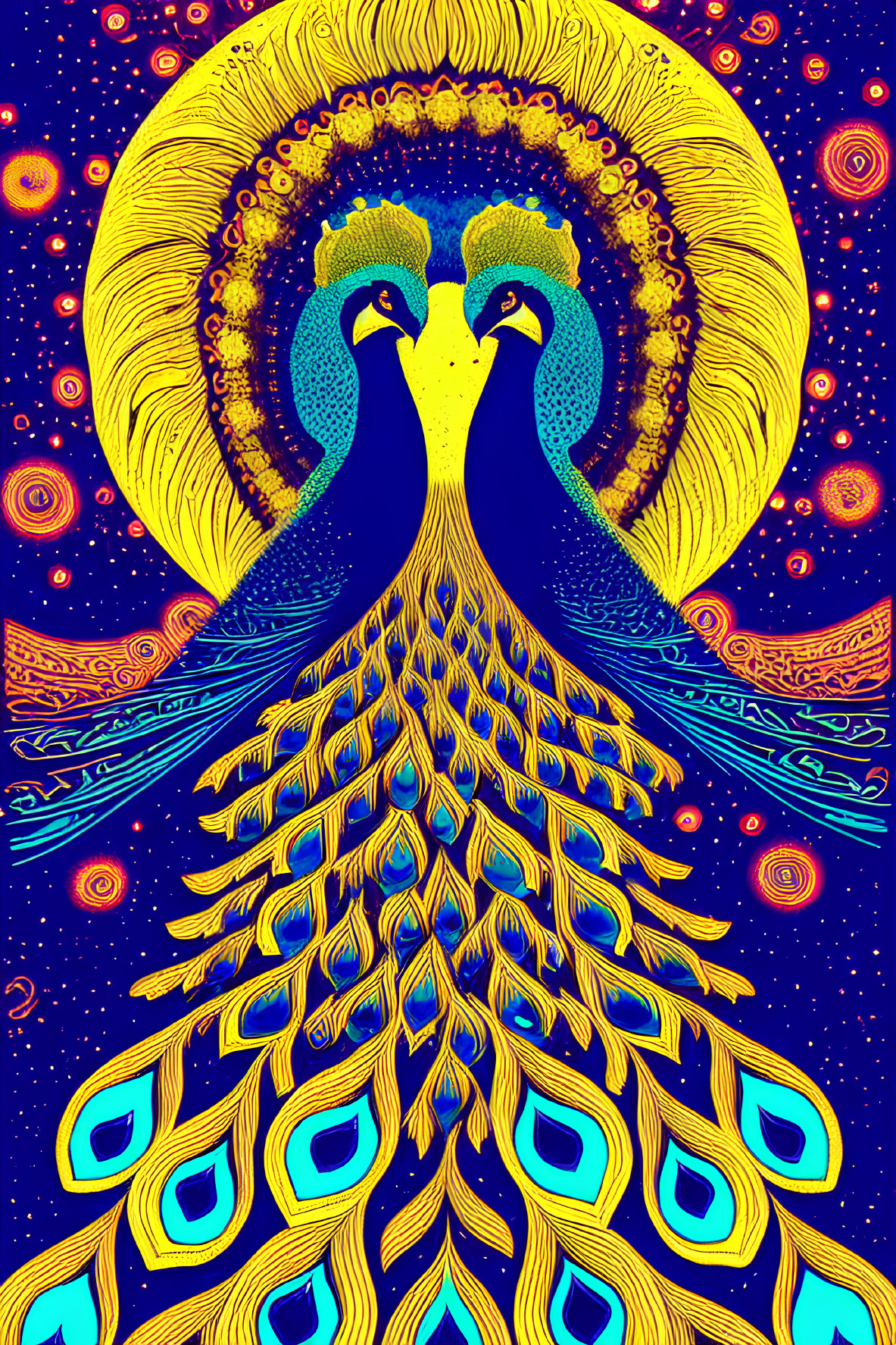 Detailed Artwork of Two Peacocks with Elaborate Tails on Cosmic Background