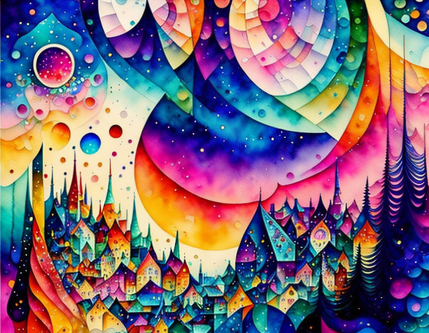 Colorful artwork: Whimsical patterns in sky above fantastical cityscape