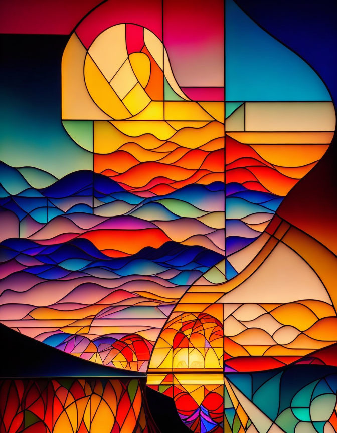 Colorful Abstract Stained Glass Window with Landscape Theme