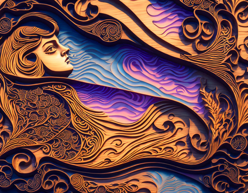 Detailed Wooden Carving of Woman's Profile with Flowing Hair and Ocean Waves in Blue and Purple