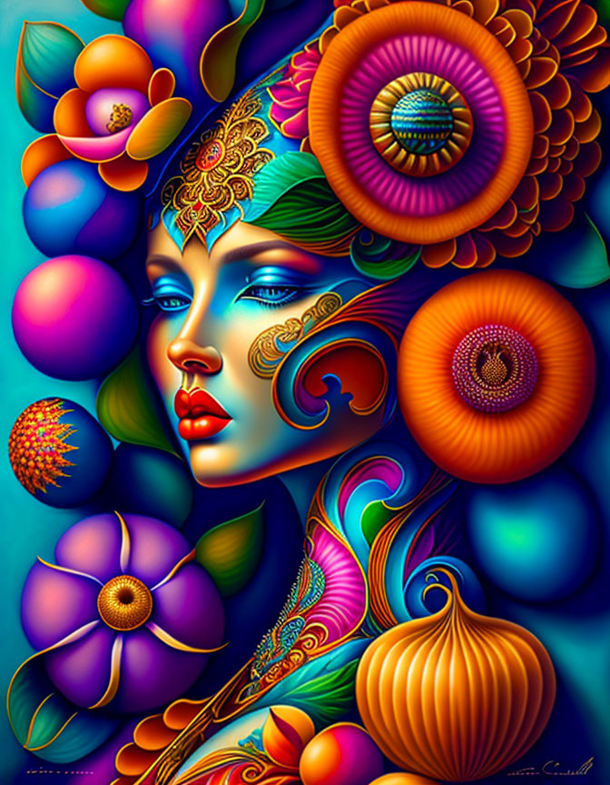 Colorful Artwork: Stylized Female Face Among Floral Patterns