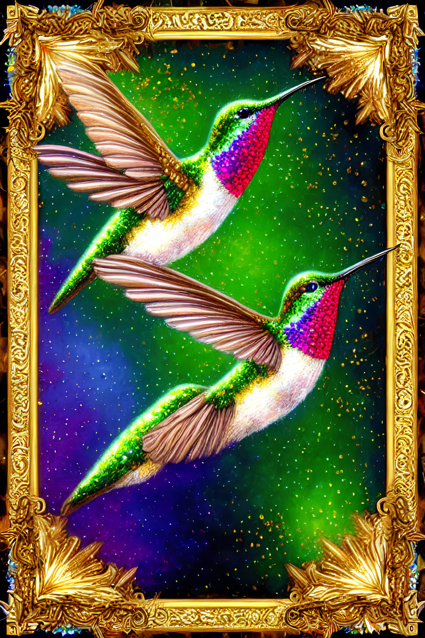 Colorful Hummingbirds in Cosmic Setting with Golden Frame