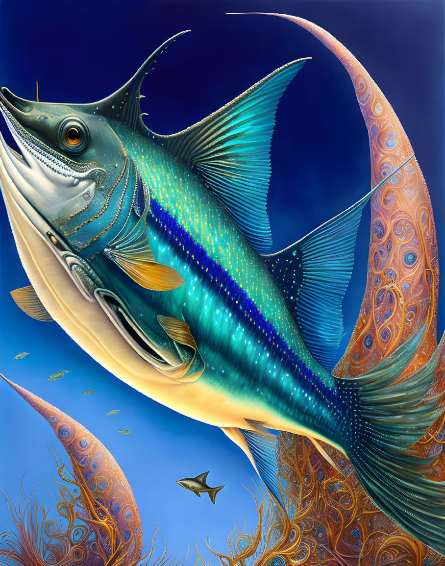 Colorful Marlin Illustration with Intricate Patterns Swimming in Blue Ocean