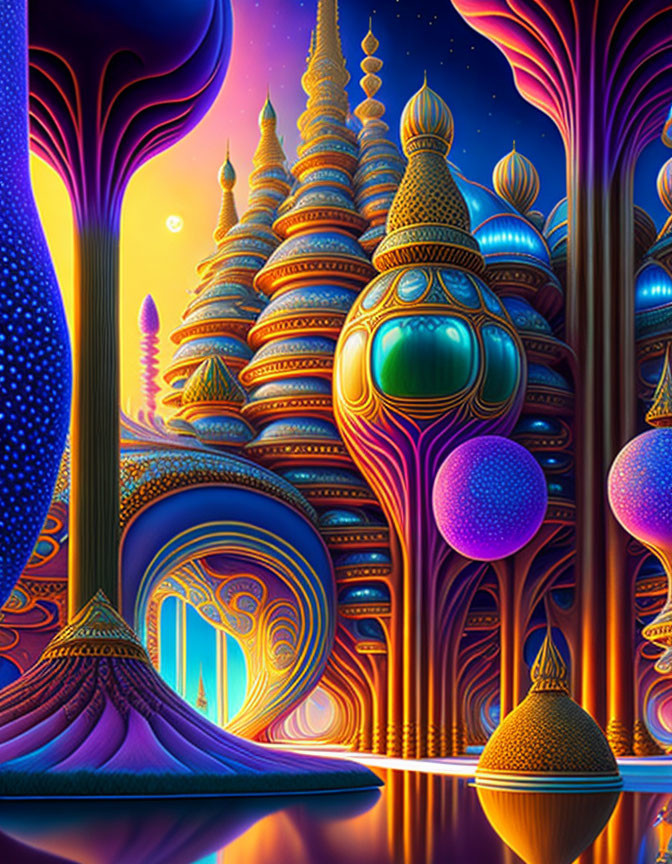 Colorful Fantasy Landscape with Elaborate Towers and Starry Sky