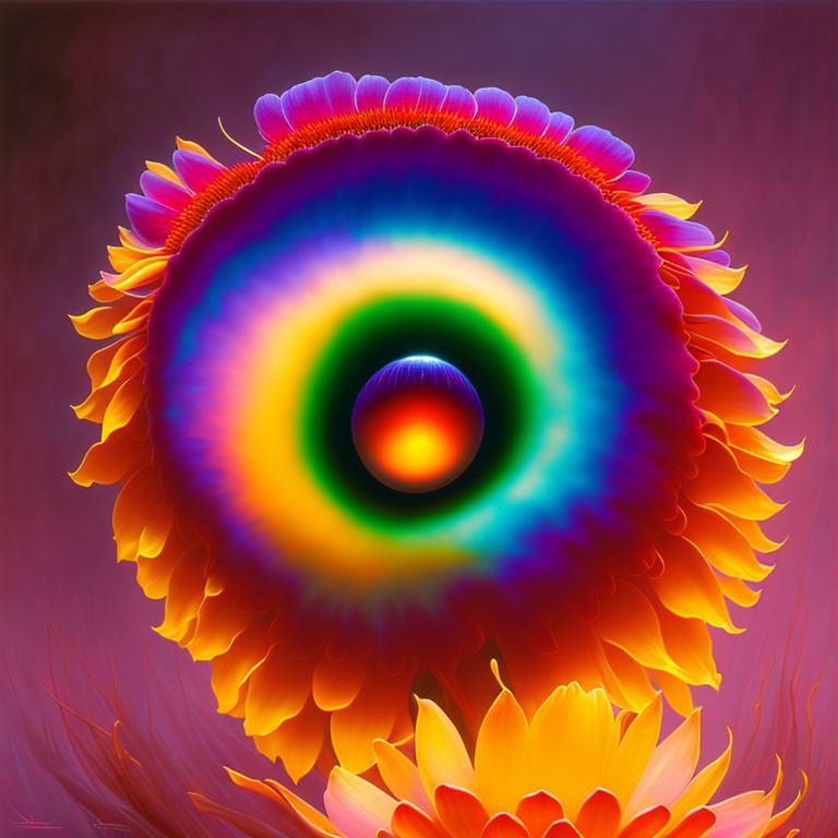 Rainbow-colored flower with purple to red gradient on pink background