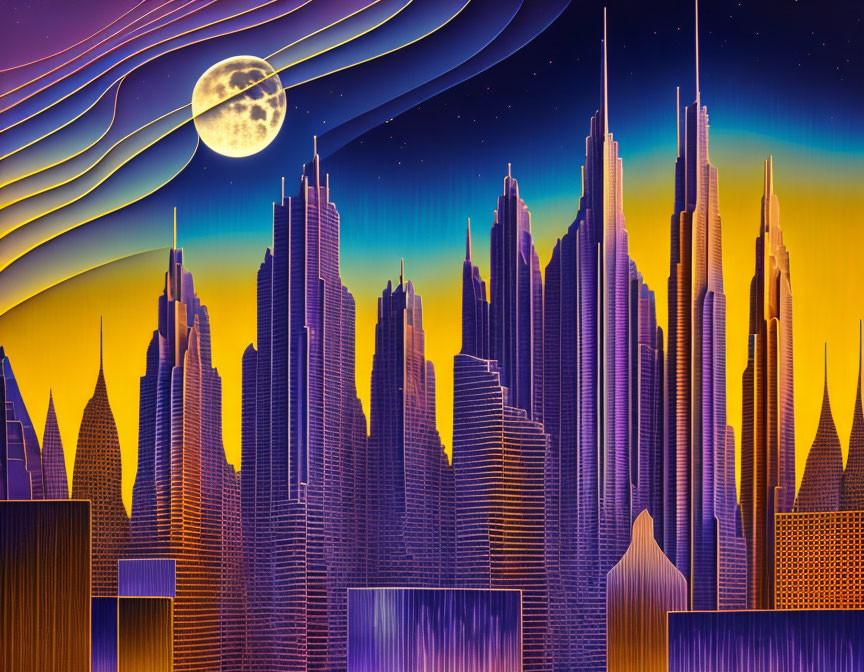 Futuristic cityscape art with swirling sky and planets