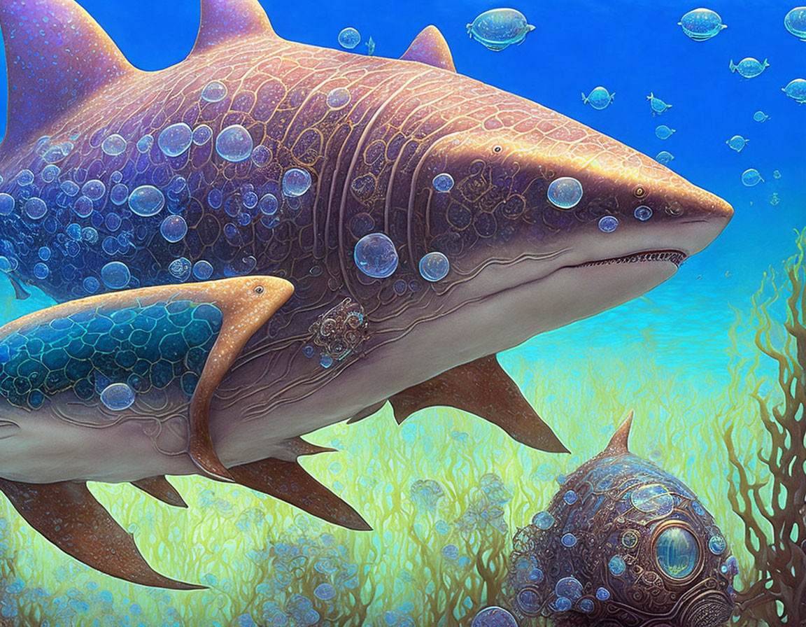 Fantasy shark digital art with intricate patterns and bubbles