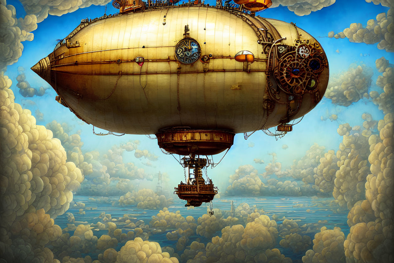 Steampunk airship with gears and propeller in serene sky