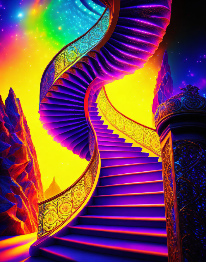 Colorful spiraling staircase in psychedelic sky with ornate railings