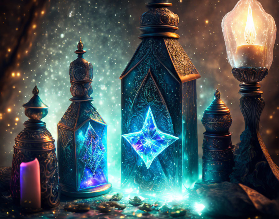 Glowing crystal-filled lanterns in mystical starry setting