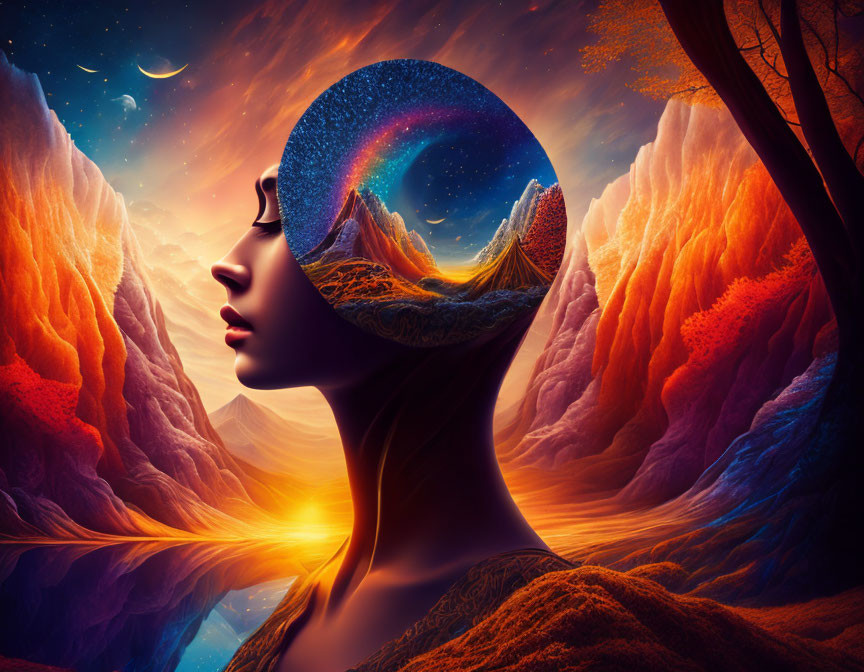 Surreal woman's profile with cosmic and fiery landscapes