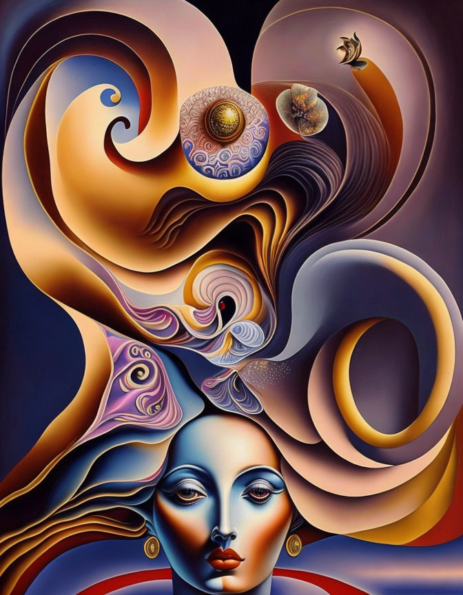 Vibrant surreal painting of female face with bird and seashell elements