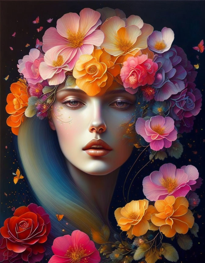 Vibrant flower crown on surreal woman against dark backdrop