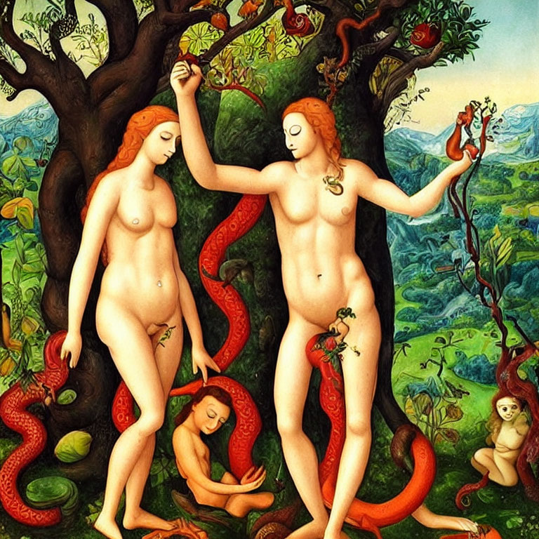 Nude figures in garden with serpent, biblical Eden imagery