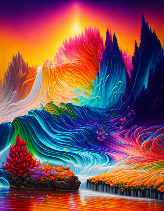 Colorful Psychedelic Landscape Painting with Wave-Like Patterns