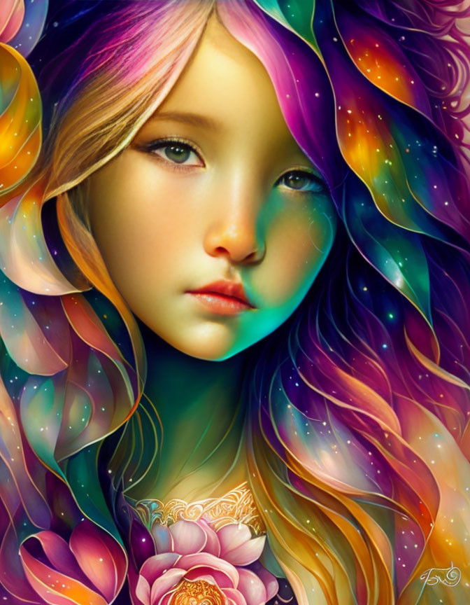 Colorful digital art: Girl with galaxy hair and floral shoulder design