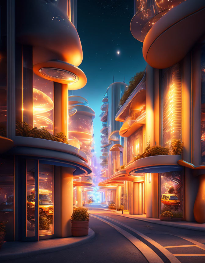 Futuristic cityscape with illuminated high-rise buildings at twilight