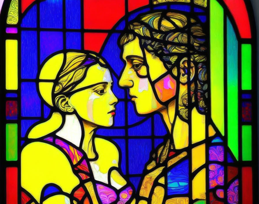 Vibrant stained glass window with two female profiles and intricate designs