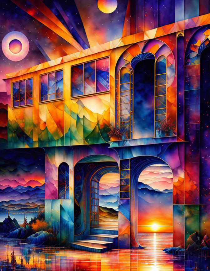 Colorful artwork: whimsical building, archways, stained-glass windows, celestial elements, seas