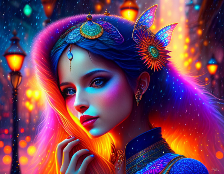 Colorful digital artwork: Woman adorned with jewelry, surrounded by glowing lights and butterflies on dark background