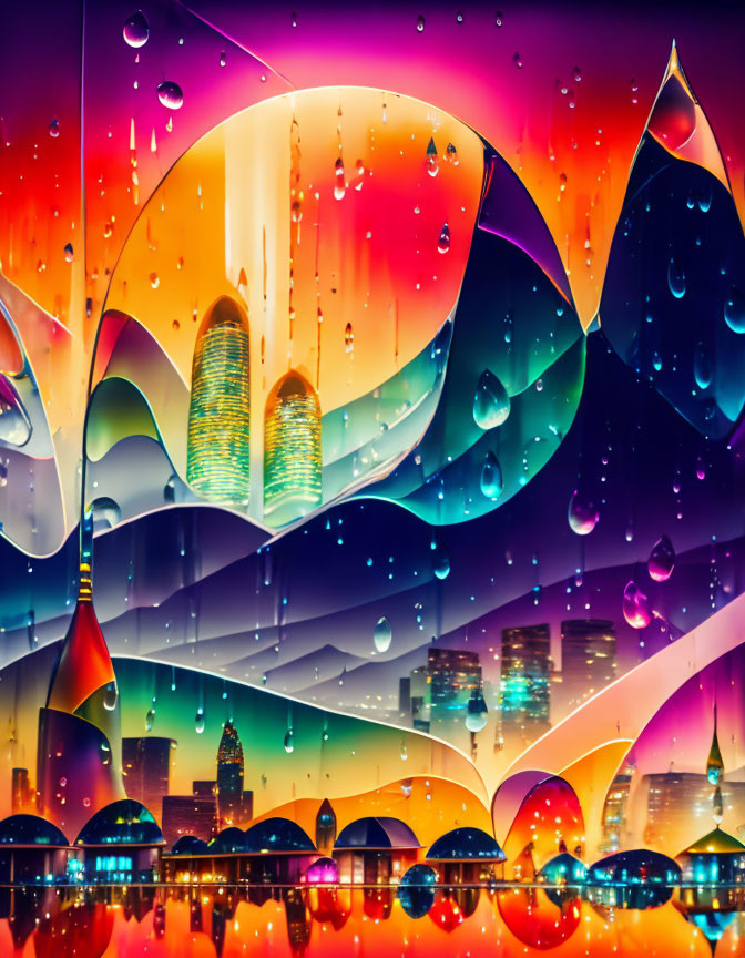 Colorful abstract art: water droplets on city skyline backdrop