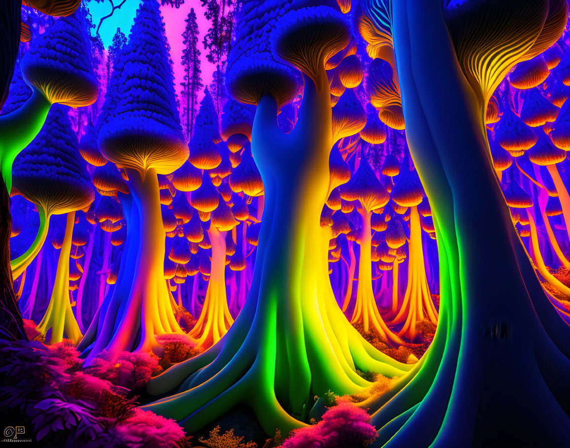 Surreal forest with oversized bioluminescent mushrooms in blue, purple, and yellow