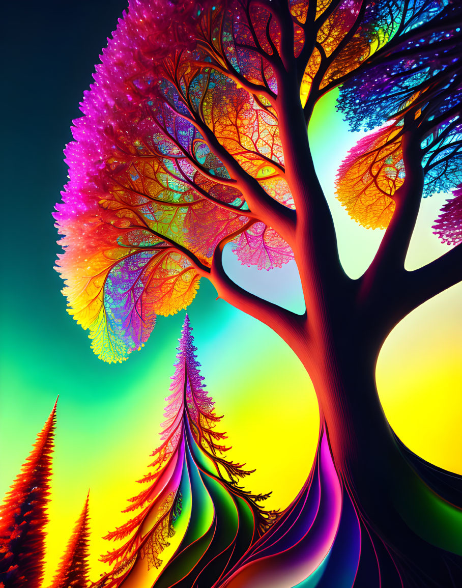 Colorful Digital Artwork: Neon Trees Against Sunset Sky