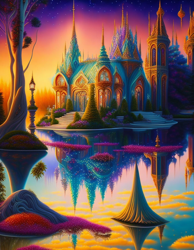 Vivid Fantasy Landscape with Reflective Lake and Glowing Castle