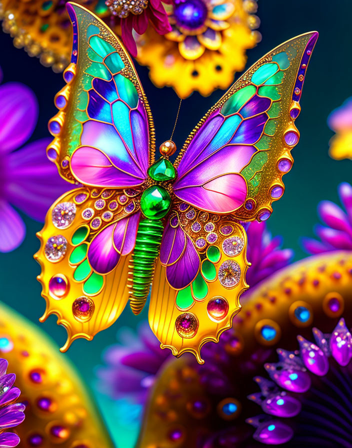 Colorful Butterfly Artwork with Jeweled Wings and Floral Background