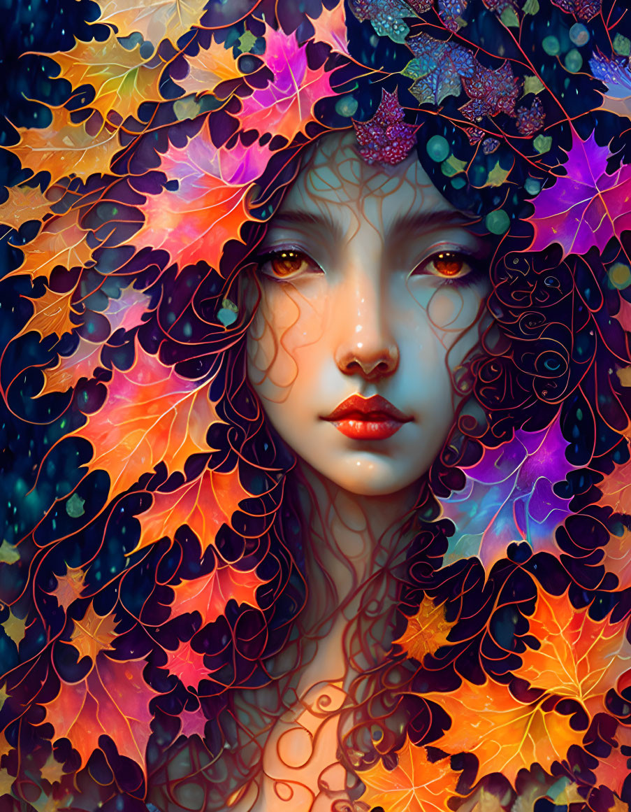 Woman with autumn leaves and butterflies crown in mystical setting