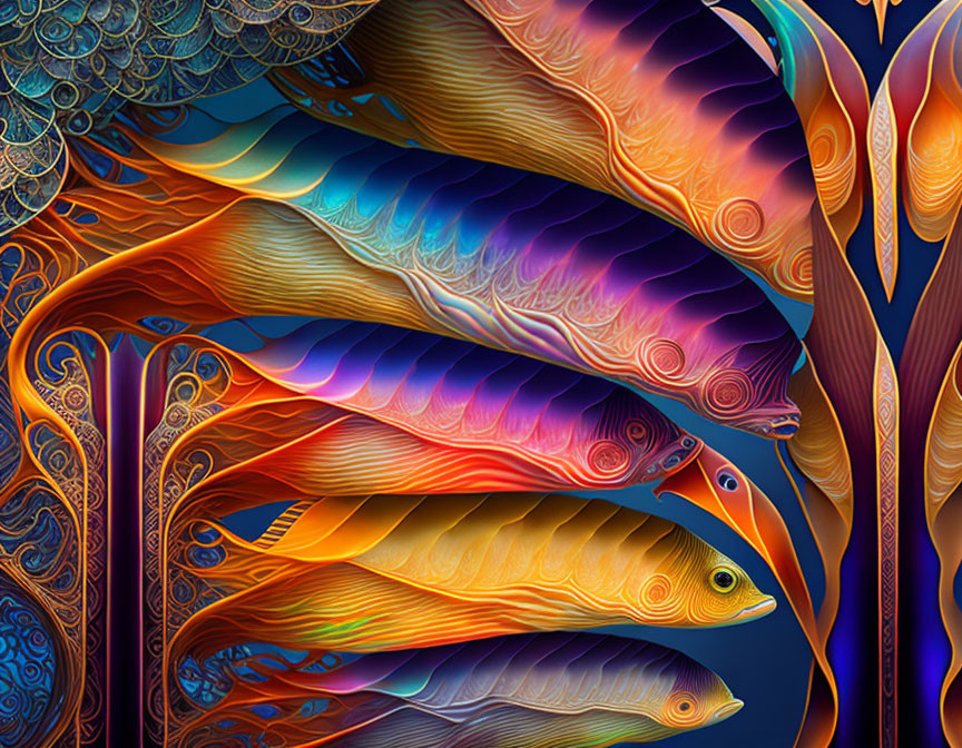 Colorful digital artwork of stylized fishes and intricate patterns swimming among ornate underwater flora in orange,