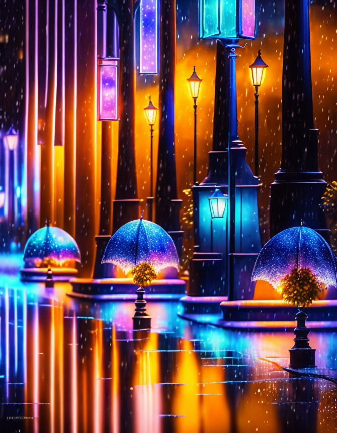 Rainy Night Street Scene: Glowing Lanterns, Blue Umbrellas