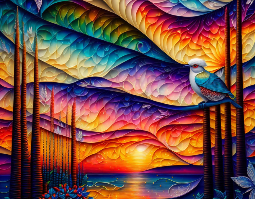 Colorful bird artwork with wave patterns and sunset reflection