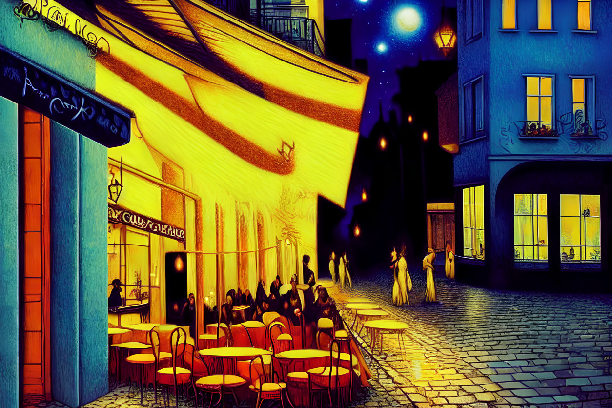 Vibrant night street scene with cafe, people, and illuminated buildings