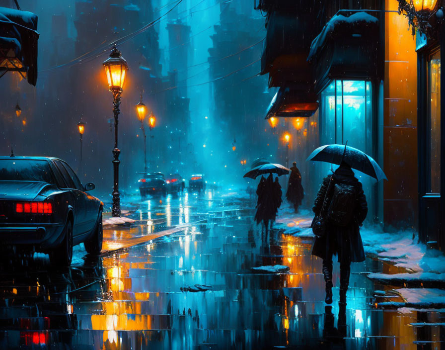 Pedestrians with umbrellas on rain-soaked street at night, illuminated by streetlights, car