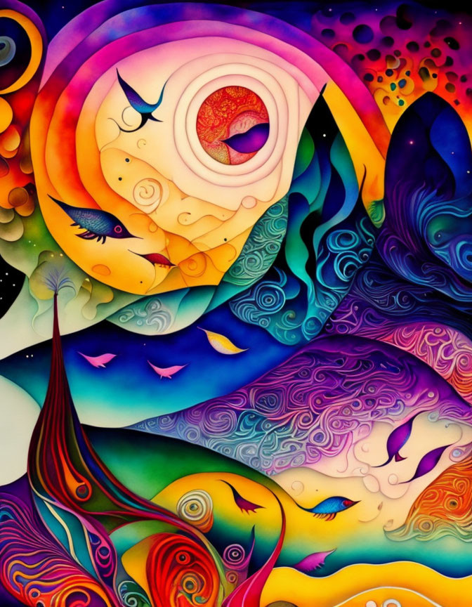 Colorful Psychedelic Artwork with Swirled Patterns and Abstract Shapes