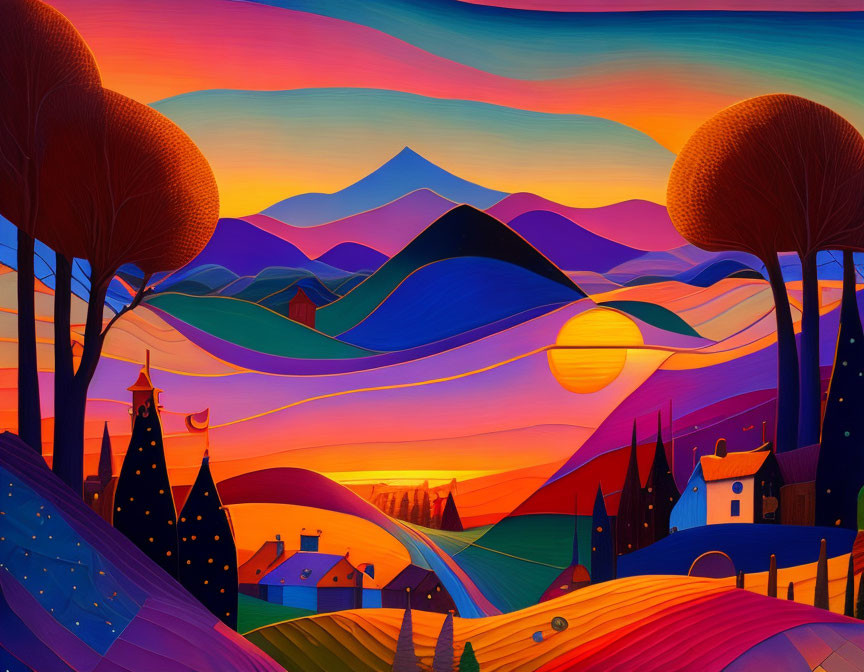 Colorful landscape painting with rolling hills, layered mountains, sun setting, and whimsical trees.