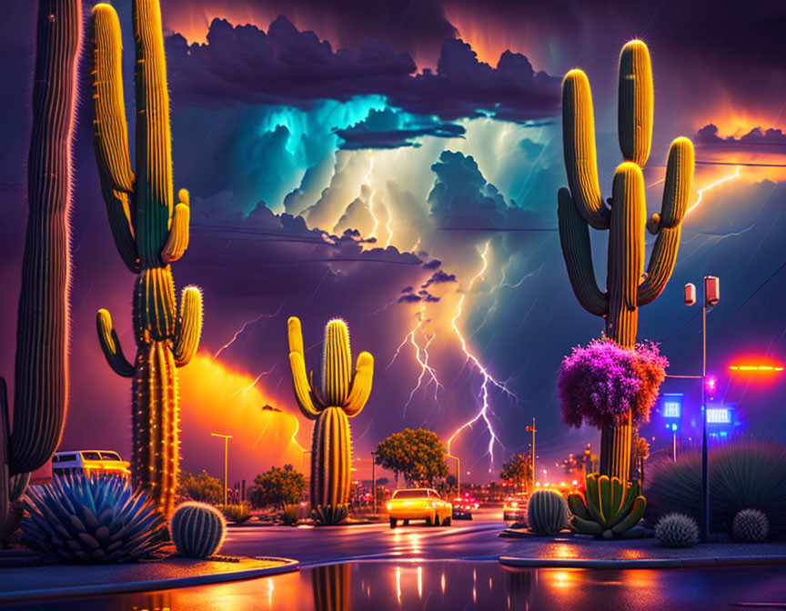 Stormy Scene: Lightning over Cacti Road with Neon Lights