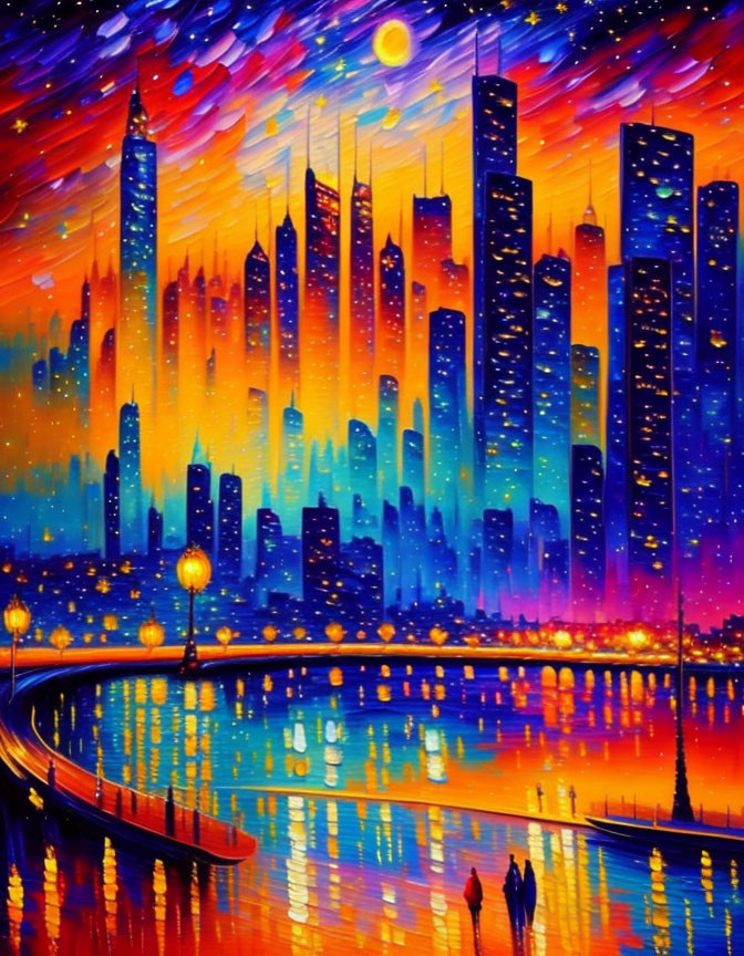 Colorful cityscape painting with silhouettes by water at night