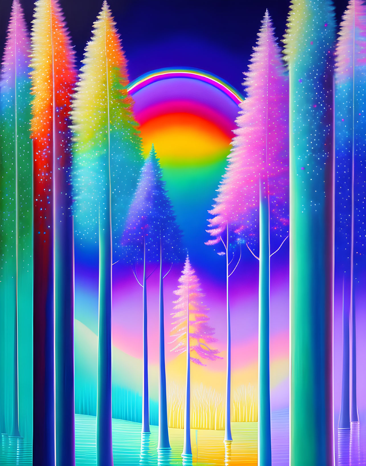 Neon-colored forest under rainbow in starry sky