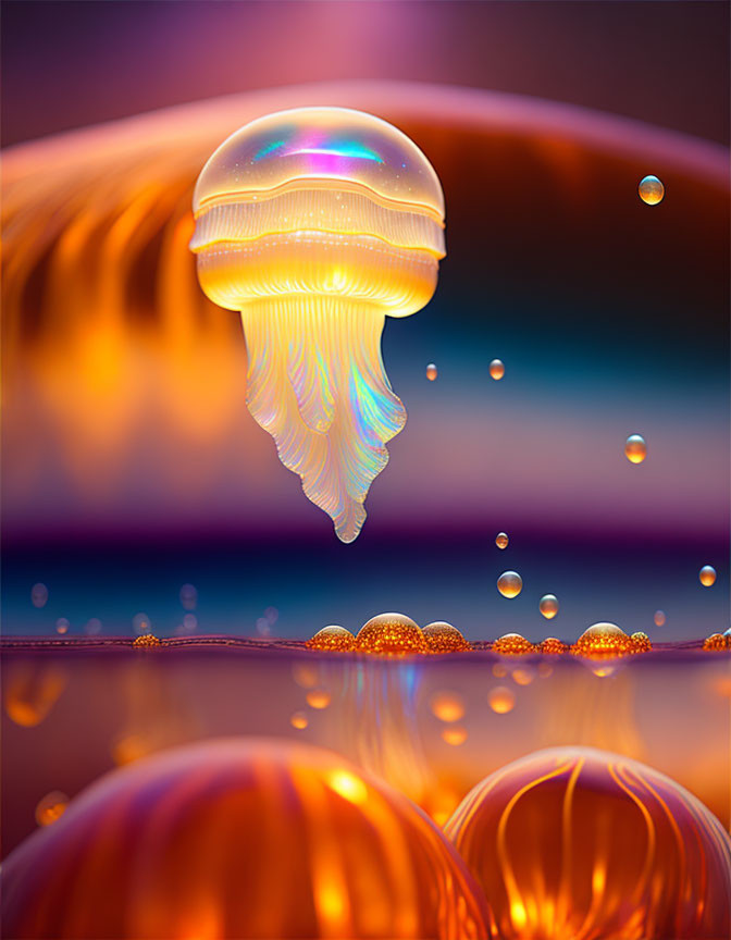 Translucent jellyfish in surreal sea with golden bubbles and amber wave