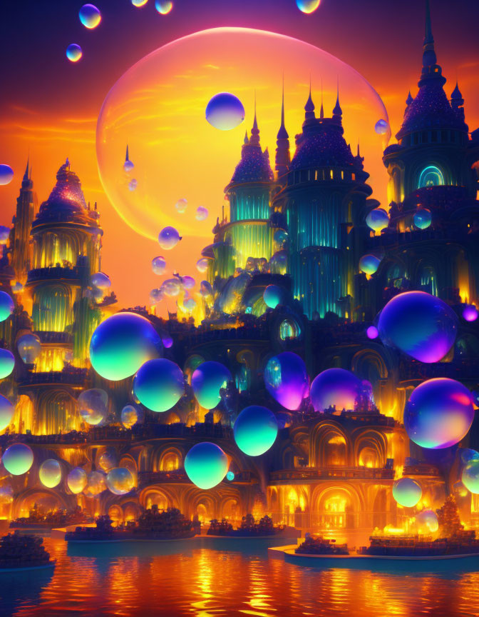 Colorful fantasy cityscape at sunset with glowing buildings and floating bubbles under a celestial body.