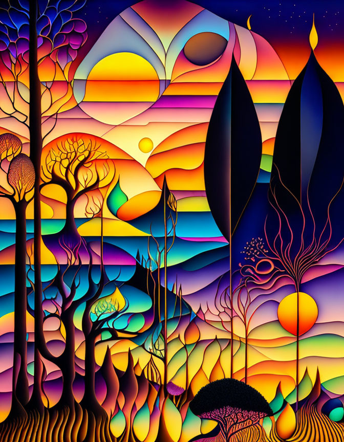 Colorful Psychedelic Landscape with Stylized Trees, Suns, and Moons