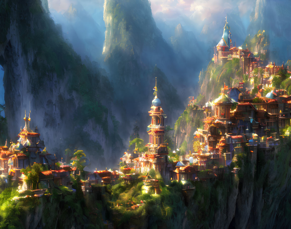 Mountain village with ornate towers nestled among lush greenery