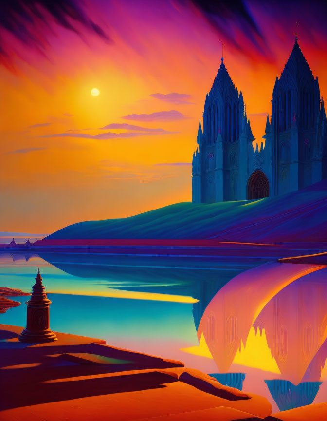 Colorful Gothic Cathedral Illustration at Sunset Hill with Water Reflection